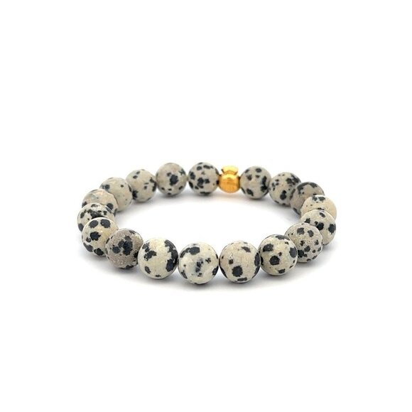 Natural Dalmatian Jasper Gemstones 8mm 24k Gold Money Bag Charm Stretch Bracelet - Picture 3 of 4
